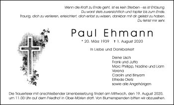 Traueranzeige von Paul Ehmann von Wetterauer Zeitung