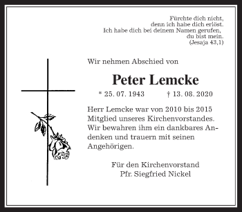 Traueranzeige von Peter Lemcke von Wetterauer Zeitung
