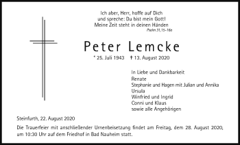Traueranzeige von Peter Lemcke von Wetterauer Zeitung