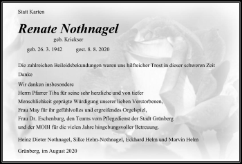Traueranzeige von Renate Nothnagel von Giessener Allgemeine, Alsfelder Allgemeine, Heimatzeitung Grünberg + Laubach
