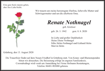 Traueranzeige von Renate Nothnagel von Giessener Allgemeine, Alsfelder Allgemeine, Heimatzeitung Grünberg + Laubach
