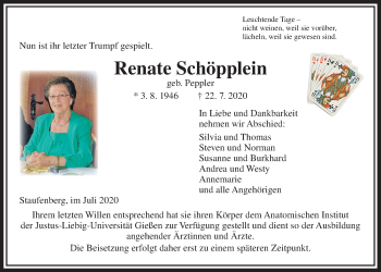 Traueranzeige von Renate Schöpplein von Giessener Allgemeine, Alsfelder Allgemeine