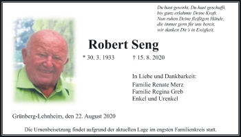 Traueranzeige von Robert Seng von Giessener Allgemeine, Alsfelder Allgemeine