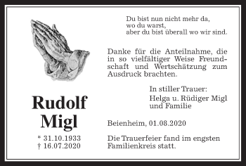 Traueranzeige von Rudolf Migl von Wetterauer Zeitung