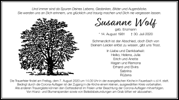 Traueranzeige von Susanne Wolf von Wetterauer Zeitung