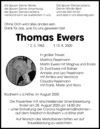 Traueranzeige von Thomas Ewers von Giessener Allgemeine, Alsfelder Allgemeine