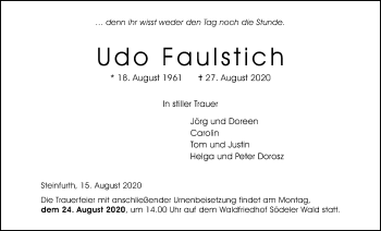 Traueranzeige von Udo Faulstich von Wetterauer Zeitung
