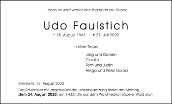 Traueranzeige von Udo Faulstich von Wetterauer Zeitung