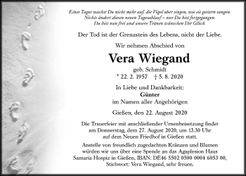 Traueranzeige von Vera Wiegand von Giessener Allgemeine, Alsfelder Allgemeine