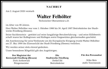 Traueranzeige von Walter Felhölter von Wetterauer Zeitung