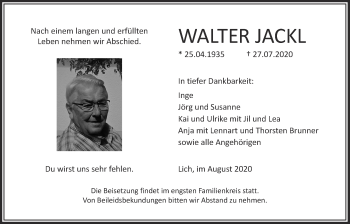 Traueranzeige von Walter Jackl von Giessener Allgemeine, Alsfelder Allgemeine