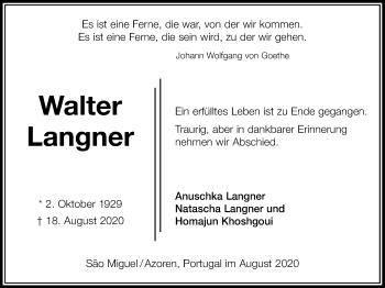 Traueranzeige von Walter Langner von Giessener Allgemeine, Alsfelder Allgemeine