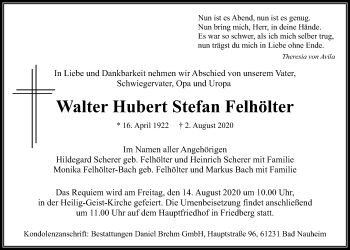 Traueranzeige von Walter Hubert Stefan Felhölter von Wetterauer Zeitung