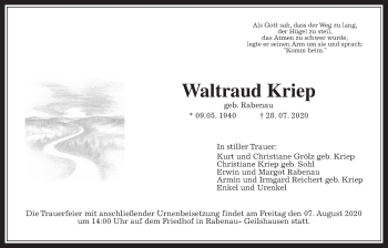 Traueranzeige von Waltraud Kriep von Giessener Allgemeine, Alsfelder Allgemeine