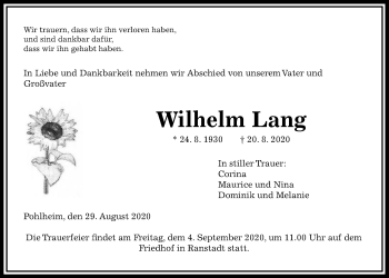 Traueranzeige von Wilhelm Lang von Wetterauer Zeitung, Giessener Allgemeine, Alsfelder Allgemeine