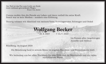 Traueranzeige von Wolfgang Becker von Wetterauer Zeitung