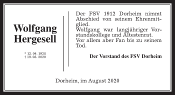 Traueranzeige von Wolfgang Hergesell von Wetterauer Zeitung