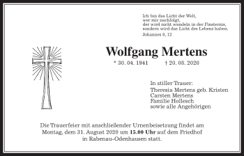 Traueranzeige von Wolfgang Mertens von Giessener Allgemeine, Alsfelder Allgemeine