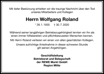 Traueranzeige von Wolfgang Roland von Wetterauer Zeitung, Giessener Allgemeine, Alsfelder Allgemeine