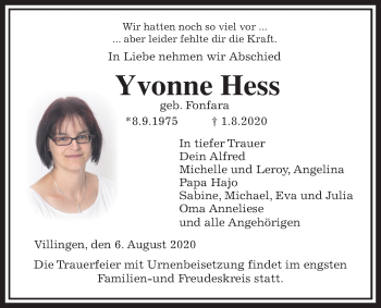 Traueranzeige von Yvonne Hess von Licher Wochenblatt