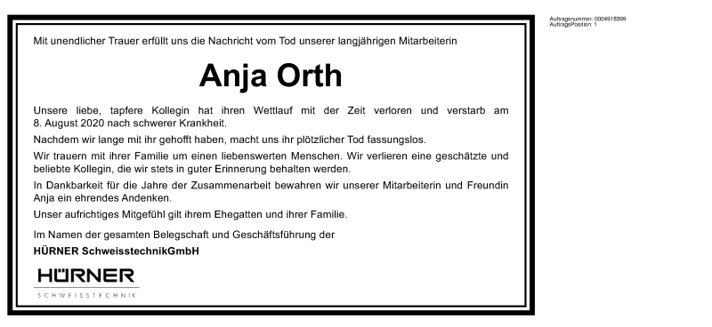  Traueranzeige für Anja Orth vom 20.08.2020 aus 
