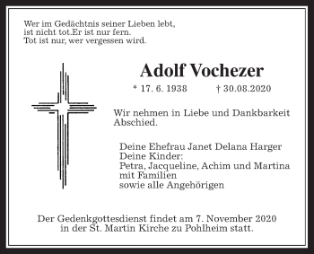 Traueranzeige von Adolf Vochezer von Pohlheimer Nachrichten