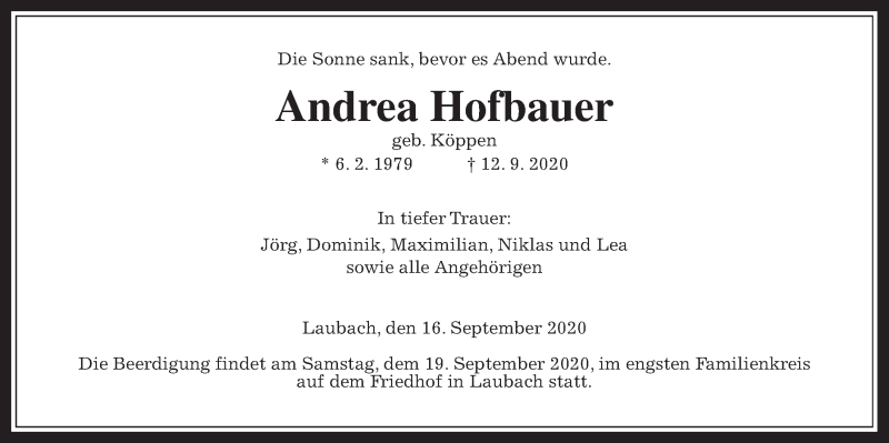  Traueranzeige für Andrea Hofbauer vom 16.09.2020 aus Laubacher Anzeiger