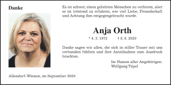 Traueranzeige von Anja Orth von Giessener Allgemeine, Alsfelder Allgemeine