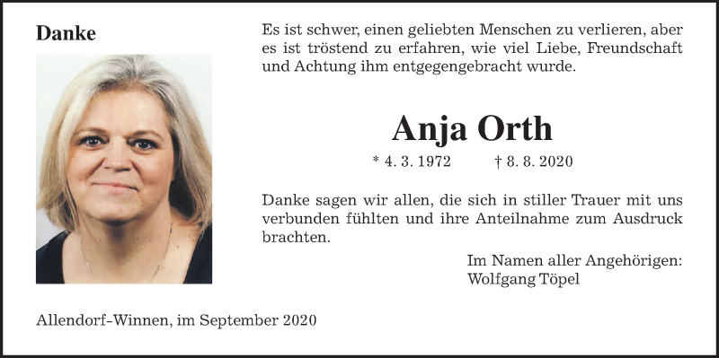  Traueranzeige für Anja Orth vom 12.09.2020 aus Giessener Allgemeine, Alsfelder Allgemeine