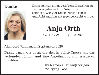 Traueranzeige von Anja Orth von Allendorfer Mitteilungen
