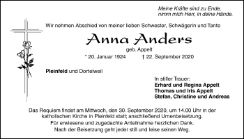 Traueranzeige von Anna Anders von Wetterauer Zeitung