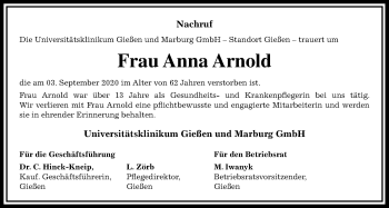 Traueranzeige von Anna Arnold von Giessener Allgemeine, Alsfelder Allgemeine