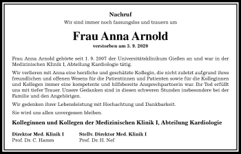 Traueranzeige von Anna Arnold von Giessener Allgemeine, Alsfelder Allgemeine