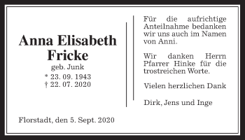 Traueranzeige von Anna Elisabeth Fricke von Wetterauer Zeitung