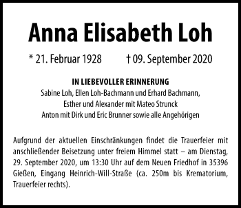 Traueranzeige von Anna Elisabeth Loh von Giessener Allgemeine, Alsfelder Allgemeine