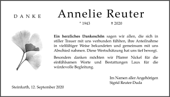 Traueranzeige von Annelie Reuter von Wetterauer Zeitung