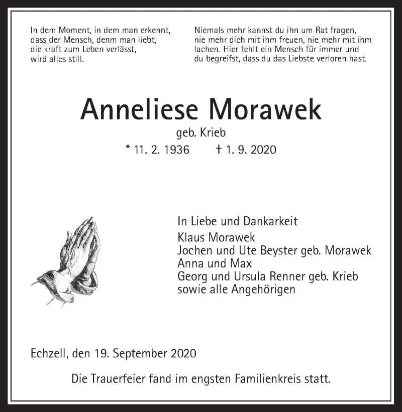  Traueranzeige für Anneliese Morawek vom 19.09.2020 aus Wetterauer Zeitung