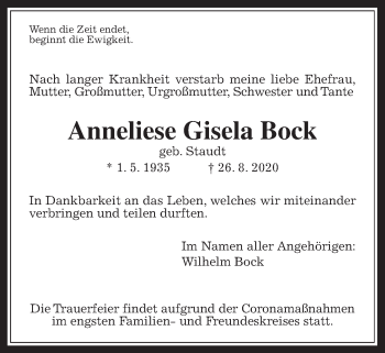 Traueranzeige von Anneliese Gisela Bock von Wetterauer Zeitung