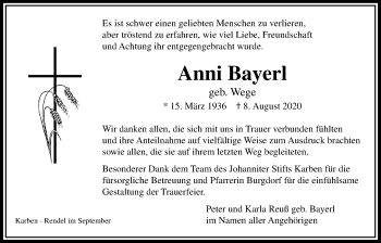Traueranzeige von Anni Bayerl von Bad Vilbel/Karben