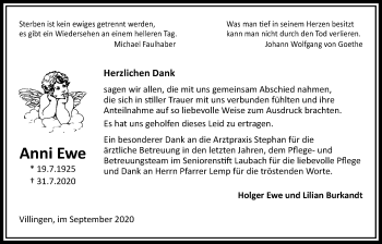 Traueranzeige von Anni Ewe von Licher Wochenblatt