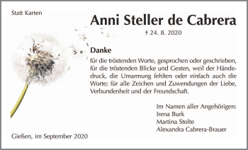 Traueranzeige von Anni Steller de Cabrera von Giessener Allgemeine, Alsfelder Allgemeine