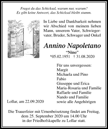 Traueranzeige von Annino Napoletano von Giessener Allgemeine, Alsfelder Allgemeine