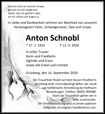 Traueranzeige von Anton Schnobl von Giessener Allgemeine, Alsfelder Allgemeine
