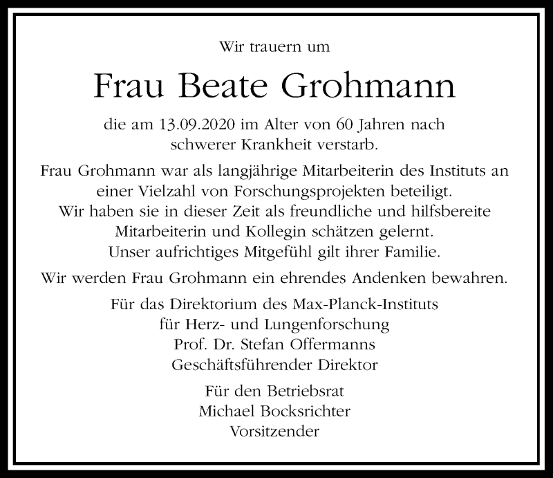  Traueranzeige für Beate Grohmann vom 26.09.2020 aus Wetterauer Zeitung