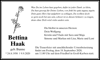 Traueranzeige von Bettina Haak von Bad Vilbel/Karben
