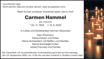 Traueranzeige von Carmen Hammel von Giessener Allgemeine, Alsfelder Allgemeine