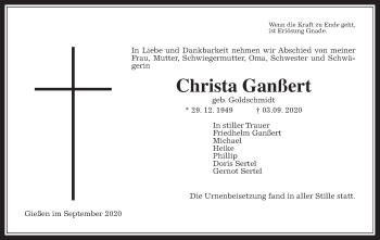 Traueranzeige von Christa Ganßert von Wetterauer Zeitung, Giessener Allgemeine, Alsfelder Allgemeine