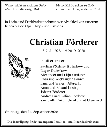 Traueranzeige von Christian Förderer von Giessener Allgemeine, Alsfelder Allgemeine