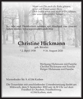 Traueranzeige von Christine Hickmann von Wetterauer Zeitung