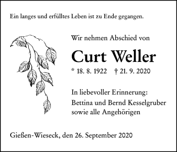 Traueranzeige von Curt Weller von Giessener Allgemeine, Alsfelder Allgemeine